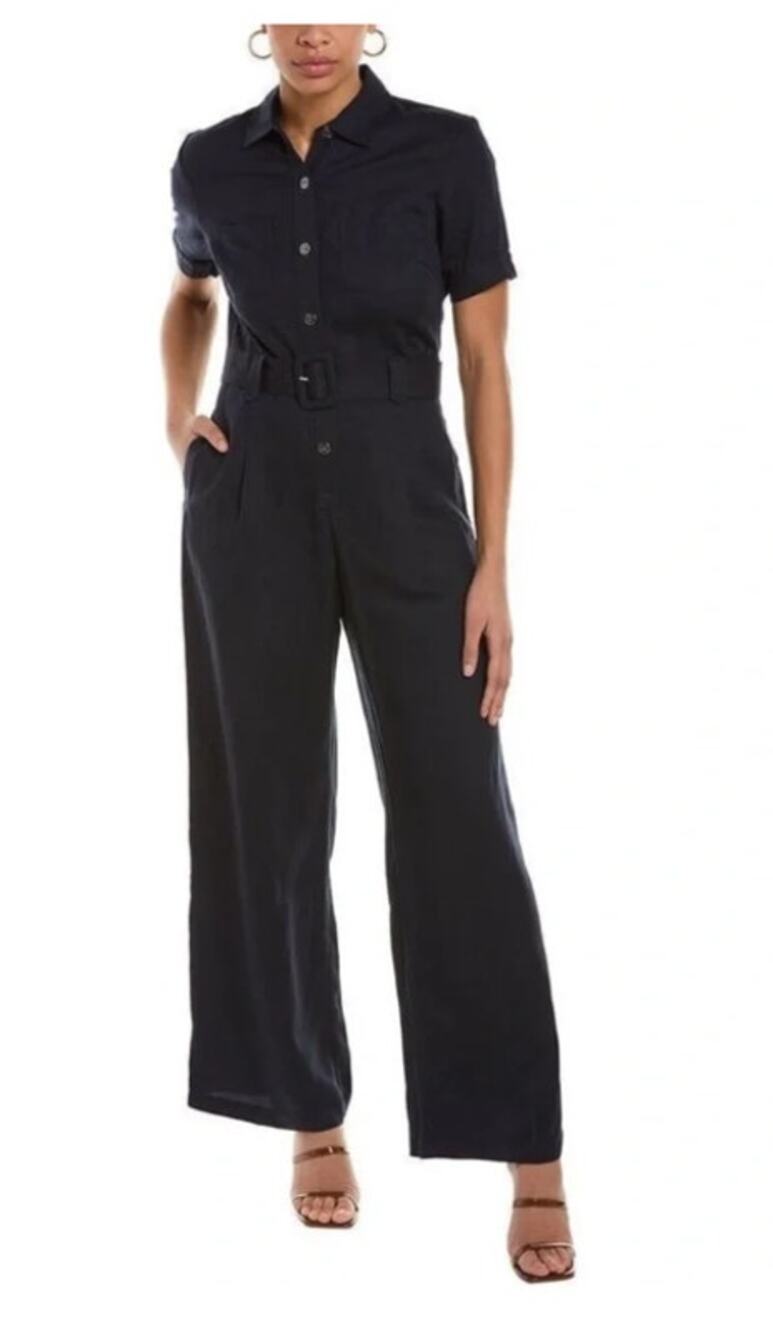 J. Mclaughlin Eilidh Linen-Blend Jumpsuit Short Sleeve Navy Blue Size 10 Belted